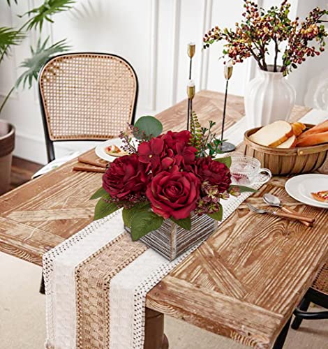 Flower Arrangement with Wooden Vase 8" Artificial Flowers in Pot - Fake Flowers Roses Peonies Hydrangeas in Wooden Vase Potted Artificial Flower Centerpieces for Table Decor Living Room - Red - color: 8"h Burgundy Red