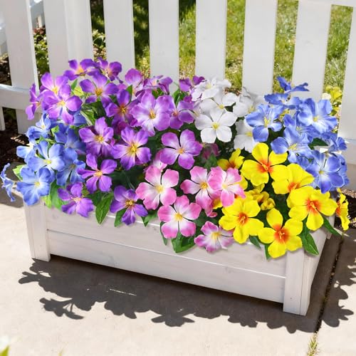Homsunny Artificial Flowers for Outdoor, Fake Silk Flowers UV Resistant, Realistic Faux Plants Flowers for Front Door Porch Planter Patio Yard Garden Spring Decor - color: Deep Purple+blue+light Purple+pink+white+yellow
