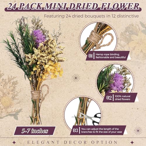Layhit 24 Pcs Boho Dried Flower Bouquet Mini Wedding Handmade Dry Flowers Decor for Vase Crafts DIY Photo Boutonniere for Men Floral Plant for Bridesmaid Gift Birthday Decor (Vivid) - style: Vivid