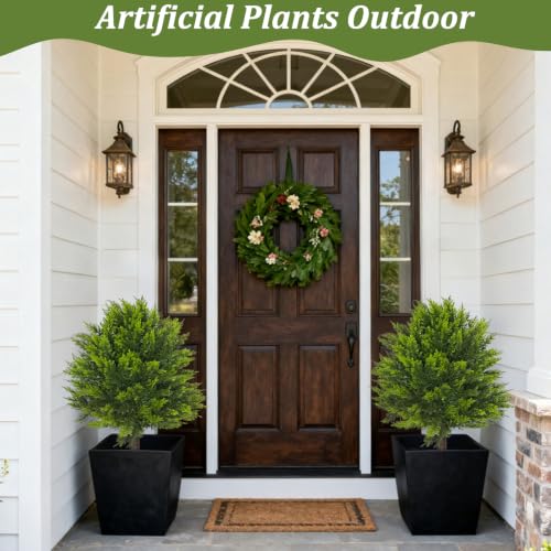 Artificial Cypress Topiary Ball Set of 2, 24” Faux Shrub Bushes with Ground Spike, UV Resistant Fake Evergreen Plants Tree for Porch Outdoor Planters Indoor - color: Cypress