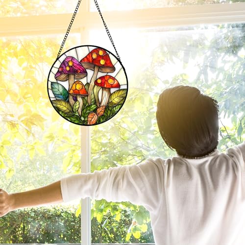 DASTOLL Stained Glass Window Hanging, Mushroom Leaves Suncatcher for Doors Home Sun Catchers Decoration and Christmas, Mother's Day Birthday Gifts for Women, Men, and Mom 6.3 in - color: Red and White, size: 6.3x6.3 IN