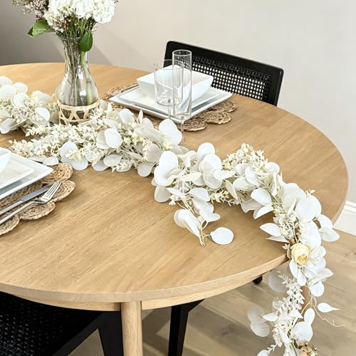 CQURE 2Pack Eucalyptus Garland,Artificial Eucalyptus Leaves Flowers Table Greenery Garland Wreath Vines for Wedding Party Fireplace Bedroom Room Decor - size: 17.7 Ft with Flowers -White