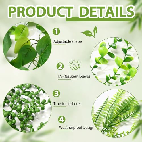 Daifunli Artificial Hanging Plants Fake Hanging Ferns Plastic Fake Plants for Wall Room Garden Garland Indoor Outdoor Decor No Basket (4 Pcs,Boston, Eucalyptus, Ivy Vine, String of Pearls) - style: Boston, Eucalyptus, Ivy Vine, String of Pearls