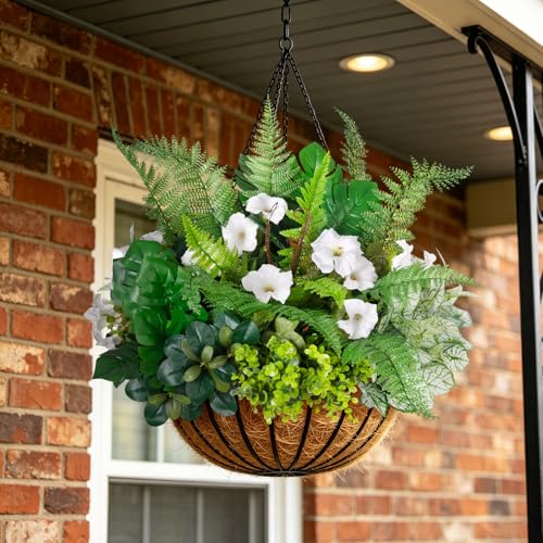 Hrobek Outdoor Faux Plants UV Resistant - 8 Bouquets Realistic Artificial Eucalyptus Fern Morning Glory Greenery for Patio Garden Front Porch Decor Weatherproof Fake Plants for Outside - color: Flowers and Greenery Mix
