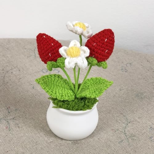 Joekaran Crochet Flowers Cute Little Potted Flower, Gift for Birthday, Teacher’s Day, Graduation, Anniversary, Christmas, Decor for Car Dashboard,Home Office Decoration (Strawberry) - color: Strawberry