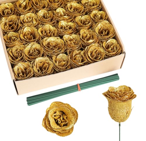 Gold Roses,30PCS Glitter Roses Bouquet Artificial Roses with Stems for Wedding Bouquet Party Christmas Home Decor(Gold) - color: Gold