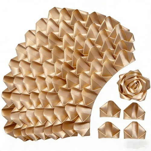 300Pieces Premade Satin Ribbon Rose Petals Half-Finished for Eternal Rose DIY Ramos Forever Flowers Bouquets Everlasting Floral,for Wedding,Anniversary,Engagment (300 Golden Champagne) - color: 300 Golden Champagne