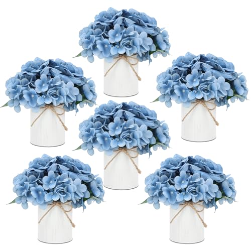 Flower Table Centerpieces - Set of 6 Floral Arrangement Artificial Wedding Hydrangeas Floral Arrangement with Rustic Metal Vase for Bridal Tea Party Event Decorations - Dusty Blue - color: Dusty Blue