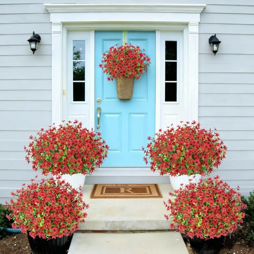 Bassion 20 Bundles Artificial Flowers for Outdoors Decorations, UV Resistant Faux Plants Fake Silk Flowers for Outside Daisy Hanging Planters Window Box Front Door Porch Patio Yard Home Decor - color: Red