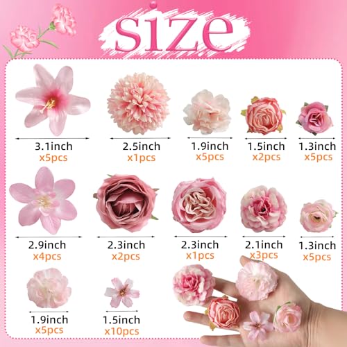 rongflower Fake Flower Heads for Crafts - Pink Silk Artificial Roses, Peonies, Daisies & Mini Floral Heads Bulk (48-Pack) for Wedding Decor, Graduation Cap, Cake Topper, Baby Shower, Home Decoration - color: Pink