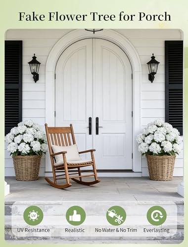 BLOSMON Fake Hydrangea Trees for Outdoors - 2 Packs 33" White Artificial Flower Topiary Ball Trees for Front Porch Decor - 20 Heads Faux Silk Hydrangea Bush Plants with Spike for Garden Yard Patio - color: White