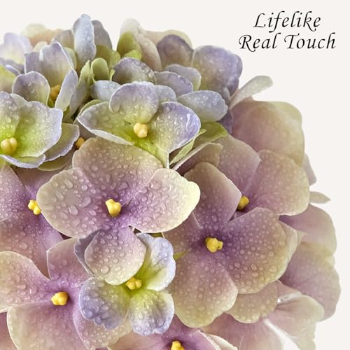 JINWOE Hydrangea Artificial Flowers, 4PCS 21" Latex Real Touch Vintage Lifelike Silk Flowers,Faux Hydrangea Bouquet Fake Flowers for Wedding Centerpieces Tables Party Outdoor Home (Green/Puple) - color: Green/Puple