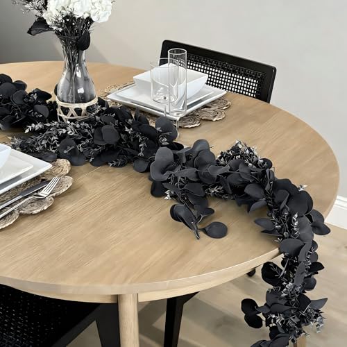 CQURE 3Pcs Eucalyptus Garland,Artificial Eucalyptus Leaves Table Greenery Garland Wreath Vines for Wedding Party Table Fireplace Bedroom Wall Room Decor - size: 17.7 Ft-Black
