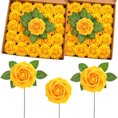 50 Pcs Artificial Foam Rose Flower Faux Bouquet Wedding Fake Rose Gift for Mother's Day Women DIY Bridal Shower Party Table Birthday Home Spring Decor (Yellow) - color: Yellow