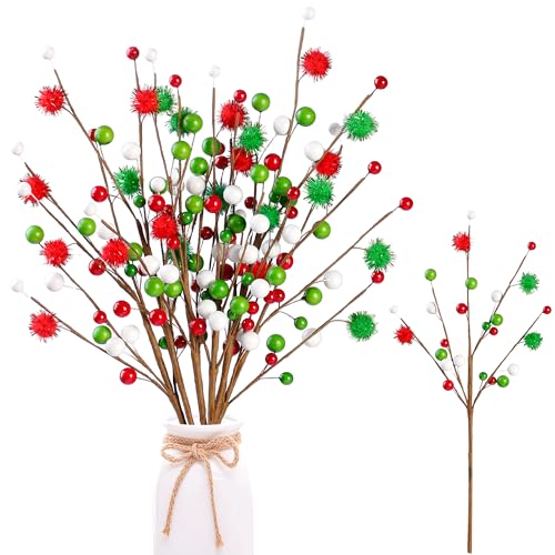 Sggvecsy 6Pcs Artificial Berry Stems 16inch Christmas Tree Picks Red Green White Berry Picks Fake Christmas Berry Branches for Floral Arrangements Christmas Tree Holiday Home Xmas DIY Crafts Decor - color: Green and Red
