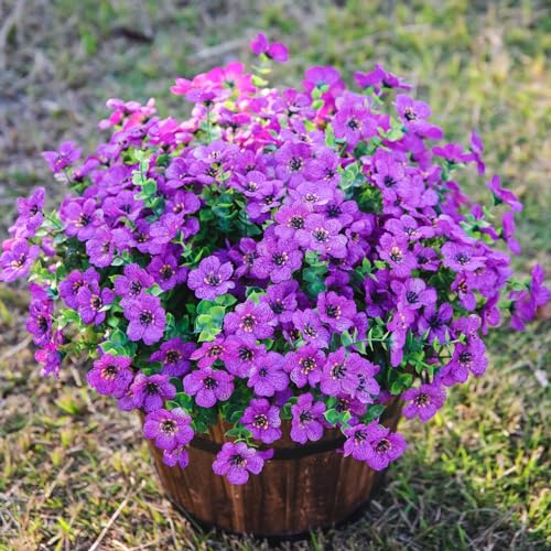 HyeFlora Artificial Flowers for Outdoor Indoor Garden Home Decoration, Faux Flower Daisy with Eucalyptus Leaves Fake Plants Greenery Boxwood Porch Patio, 12 Bundles (Purple) - color: Purple