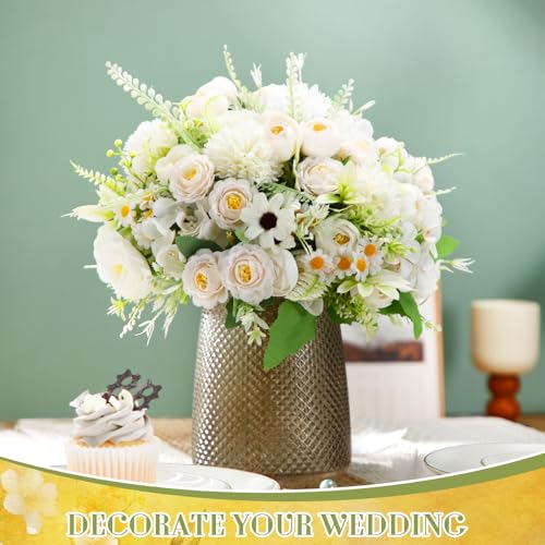 Tigeen 6 Bundles Artificial Bouquet Flowers Artificial Peonies Faux Roses Silk Flowers Hydrangea Bouquet for Wedding Table Centerpiece Floral Vase Decor(White) - color: White