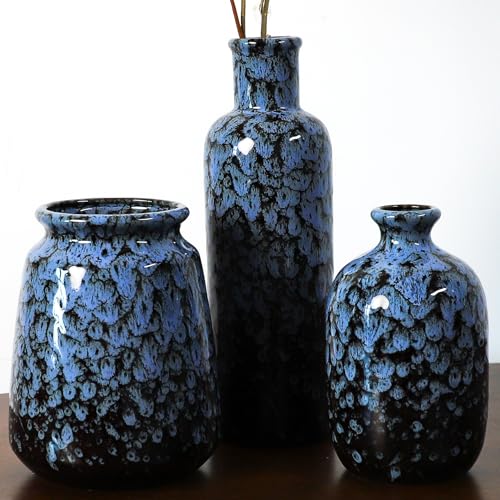 Ceramic Vases Set for Flowers, 3 Piece Pampas Grass Vase, Modern Farmhouse Boho Style Home Decor for Entryway Tables, Fireplaces, Shelves, Living Rooms and Kitchens, Navy Blue - color: Navy Blue