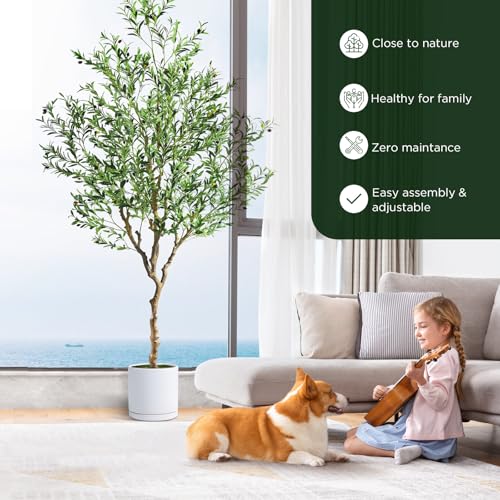 7ft Artificial Olive Tree Potted, Faux Indoor Plants with Natural Wood Trunk & Lifelike Fruits, Realistic Tall Fake Tree for Home Office Decor, Housewarming Gifts - size: 7ft