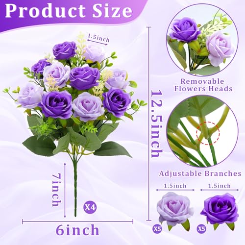 TURNMEON 40 Heads Fake Roses Artificial Flowers for Outdoors, 4 Bouquets UV Resistant Fake Flower Bouquet Faux Silk Roses for Wedding Birthday Party Home Mother's Day Cemetery Summer Decor(Purple) - color: Purple