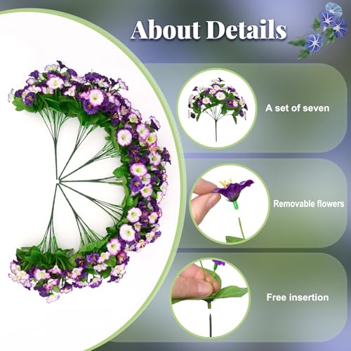 Ammyoo Artificial Hanging Flowers 12 inch Basket, Faux Silk Petunias Flower Arrangement,Coconut Lining Pot Planter with Morning Glories Patio Garden Porch Deck Spring Summer Decor(Purple Edge) - color: Purple Edge