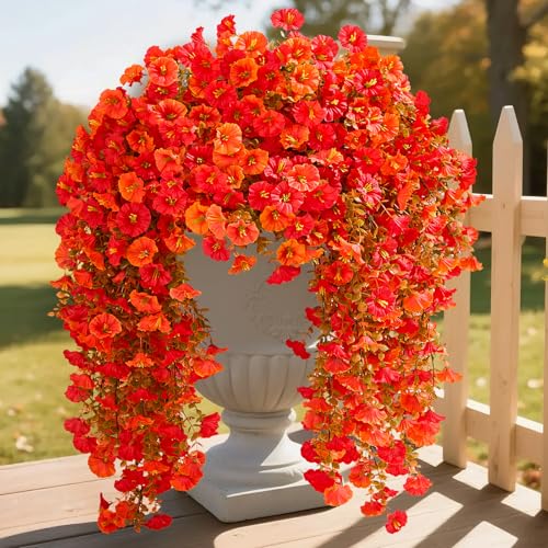 Serwalin 4PCS Artificial Fall Flowers for Outdoors, UV Resistant Fake Silk Artificial Hanging Plants Outdoor for Porch Patio Balcony Outdoor Planter Garden Yard Fall Decor(Orange&Red,4PCS) - color: Orange&red