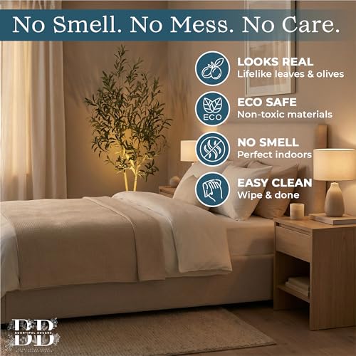 5ft (150 cm) Artificial Olive Tree with White Pot, Moss & USB LED – 711 Leaves, 40 Olives, Realistic Fake Indoor Potted Plant for Home, Bedroom, Office & Living Room Decor - size: 5ft (150 cm)