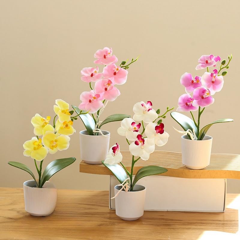 10.2" Orchids Artificial Flowers Fake Orchid Plant Potted Butterfly Orchid Silk Flowers Decor for Home Living Room Bathroom Wedding Office Decoration (White) - color: White