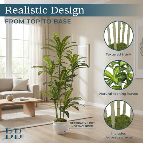 Dracaena Artificial Tree with Small Black Pot & Moss – Lifelike Natural Look, Maintenance-Free, Indoor & Outdoor Plant for Home, Office, Balcony & Patio (5ft, Standard Black Plastic Base)