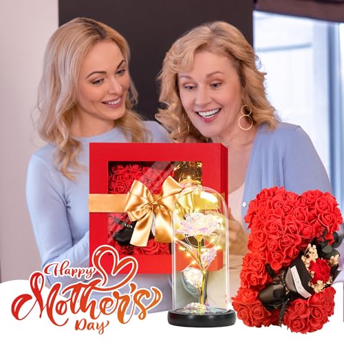Mothers Day Rose Gifts for Mom Women Wife Girlfriend, Rose Bear & Beauty and the Beast-Inspired Rainbow Light-Up Roses Gift Set – Perfect for Valentine’s, Birthday Mother’s Day and Anniversary - color: Red +Colorful Rose