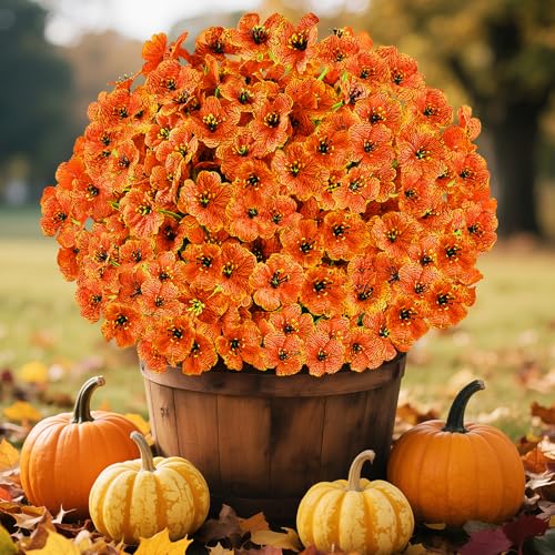 24 Bundles Artificial Fall Flowers for Outdoors, Realistic Fake Mums for Autumn Outside Decoration, Faux Orange Flowers for Planter, Window Box Porch Patio Decor - color: Orange, size: 24PCS