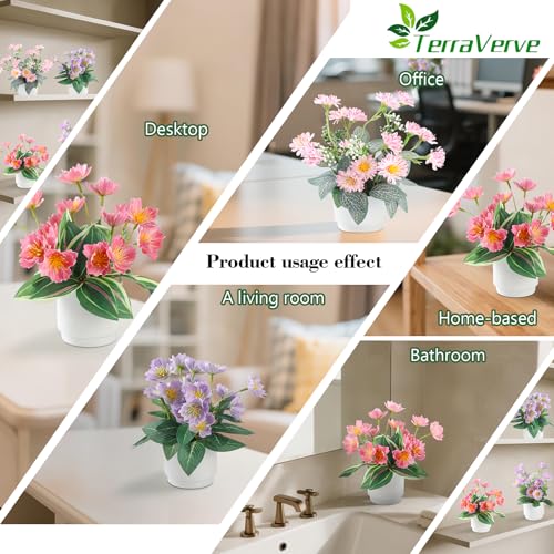 Boho Style 4-Piece Silk Flower Arrangement | Realistic Artificial Plants with Vase | Daisy & Lily Pots | No Maintenance Required
