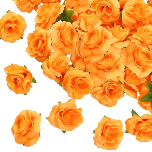 Yinsun 50pcs Mini Orange Roses Artificial Fake Flower Heads, 1.57” Real Touch Orange Silk Fake Flowers for DIY Dinner Party Day of The Dead Decoration - color: Orange, size: 1.57 Inch