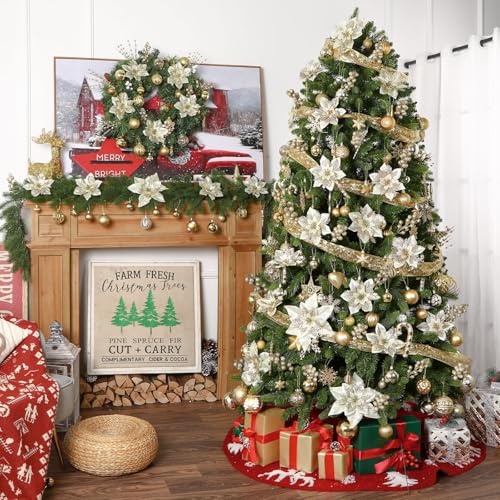 Alupssuc 24 Pieces Christmas Tree Decorations, 12 PCS Champagne Gold Poinsettia Flowers Artificial and 12 PCS Christmas Tree Picks for Christmas Decorations Party Wreath Fireplace, Champagne Gold - color: Champagne Gold