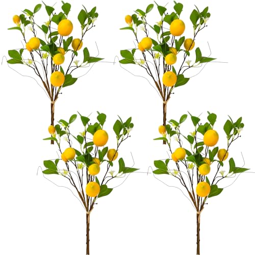 4 Pack Artificial Lemon Branches 8 Heads Per Stem Faux Lemons with Leaves Kitchen Table Centerpiece Decor Fake Lemon Tree for Vases Farmhouse Party Summer Home Yellow Decorations