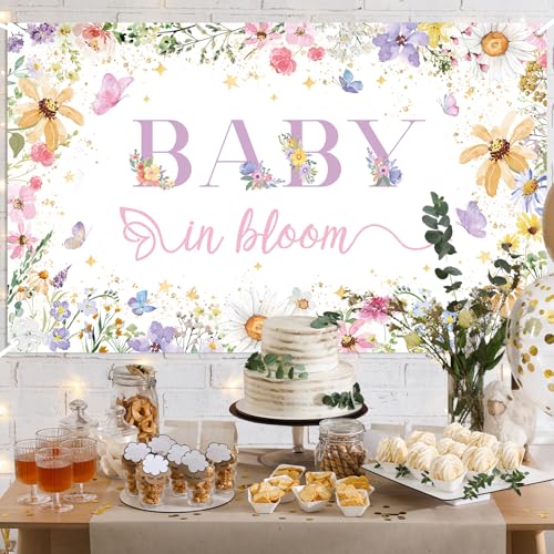 MEHOFOND Wildflower Baby in Bloom Backdrop for Girl Wildflower Baby in Bloom Decorations Banner Watercolor Golden Dots Butterfly Spring Floral Baby Shower Party Supplies Photography Background 6x3.6ft - size: 6x3.6ft