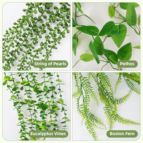 Fake Plants 4 Pack Artificial Hanging Plants, Fake Potted Greenery Faux Eucalyptus, Boston Fern, String of Pearls, Pothos for Living Room Bedroom Boho Wall Shelf Indoor Outdoor Decor
