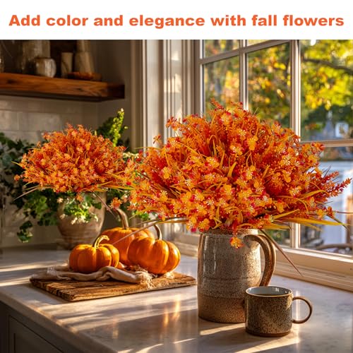AXYLEX Artificial Fall Flowers Outdoor Fake Mums - 16 Bundles Fake Plants UV Resistant No Fade Faux Plastic Greenery Garden Porch Patio Fall Home Decor (1, OrangeYellow) - color: Orangeyellow