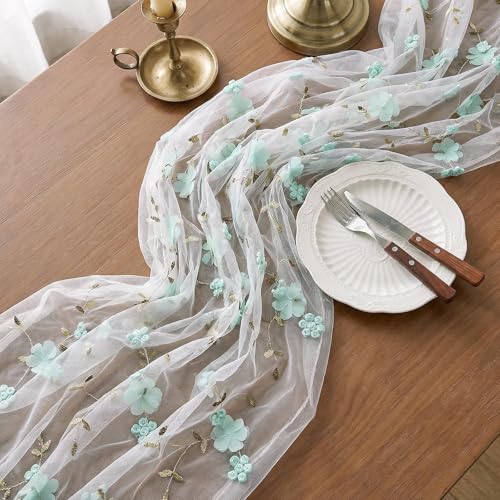 Embroidery Floral Table Runner Rustic Spring Summer Wildflower Tulle Table Runner Vintage Flower Kitchen Dining Tabletop Runners Decoration for Home Wedding Party, 108x24.5 Inch (Green Flowers) - color: Green Flowers, size: 108*24.5 inch