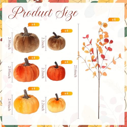 Conelist 24 Pcs Fall Mini Velvet Pumpkin 6 Pcs Autumn Artificial Eucalyptus Stem with Eucalyptus Leaves Artificial Small Pumpkin for Farmhouse Harvest Thanksgiving Party Home Decoration