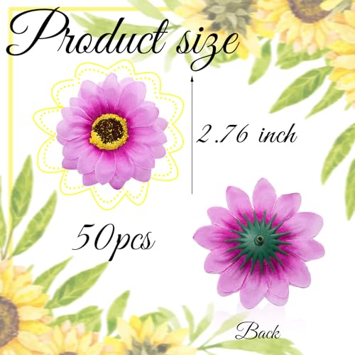 Purple Artificial Sunflower Heads Bulk, 50 Pcs Fake Sunflower Heads Fabric Flowers for Craft, 2.76 Inch Silk Sunflowers for Decorations, Bridal Shower, Farmhouse, Birthday Party - color: Purple