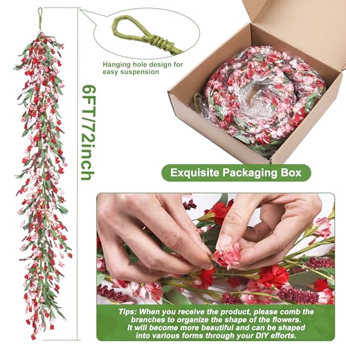 Artgar Flower Garland 6Ft Spring/Summer Garland Floral Garlands for Mantle All Year Round Paper Garlands Decor for Indoor Outdoor Home Wedding Arch Porch Stair Backdrop Year Round Decor (Red Pink) - color: Red Pink (6ft)