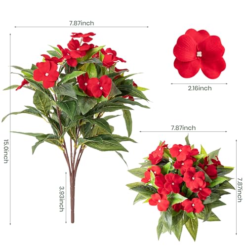 Nigirior Artificial Fake Flowers for Outdoor Décor 6 Bundles UV Resistant Fake Plants for Planter Faux Impatiens for Home Porch/Garden Stunning（Red） - color: Red