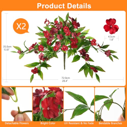 Hommyea Fall Artificial Flowers for Outdoor Fall Decor, 2 Bundles Fake Flowers UV Resistant Faux Silk Flowers No Fade Plastic Flowers for Outside Planters Home Porch Patio Yard Garden Decor - color: Red,reddish Brown