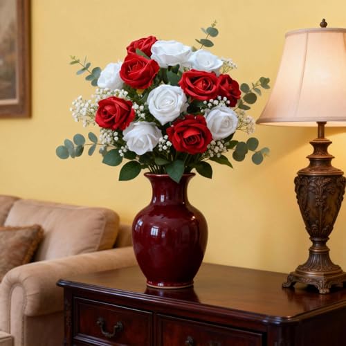 12PCS Artificial Realistic Silk Fake White Red Mixed Roses Long Stem | 2 Colors Mixed Roses For Wedding Decoration, Party Table Decoration, Valentines Mother's Day - color: 6 Red /6 White