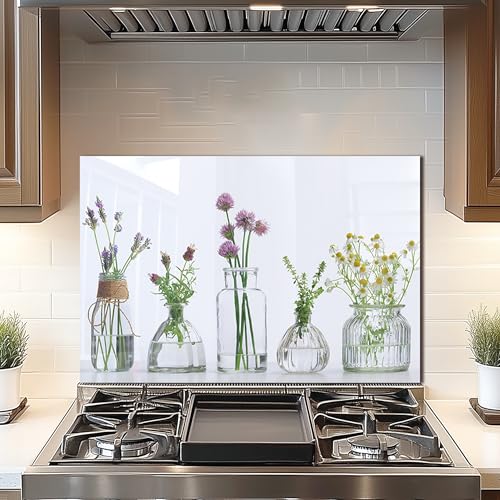 DAIFURONGE Tempered Glass Backsplash for Kitchen,Flowers and Vase,30"x20" | Behind Stove Back Splash Panel Protector, Easy to Clean, Kitchen Wall Decor,One Piece Oven and Range Backsplash - size: 30"L x 20"W
