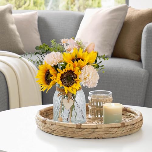 Leftover Fake Flowers in Vase, Artificial Sunflower Bouquets with Flower Arrangement Holder, Table Centerpieces for Dining Room, Faux Silk Sunflowers, Carnations and Tulips Arrangement - color: Pink