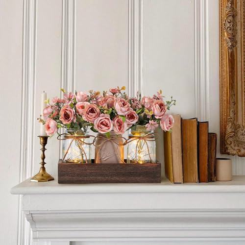 3 Pcs Mason Jar Centerpiece Table Decorations for Dining Table Decor Farmhouse Coffee Table Decor with Wood Tray and Led Light Table Centerpieces for Dining Room Kitchen Living Bathroom,Pink - color: Pink