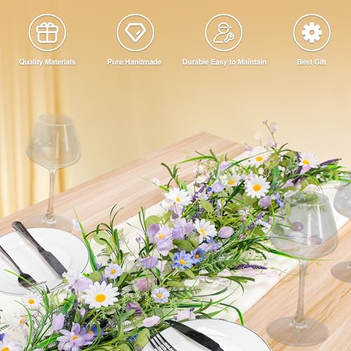 6ft Summer Daisy Garland with Flowers, Faux Daisy and Lavender Flower Garland Artificial with Floral Lanvender for Baby Shower Wedding Mantle Fireplace Table Centerpiece Decor - color: Lavender