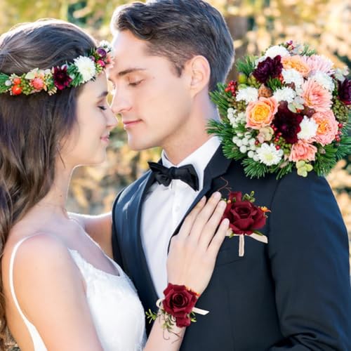 Artificial Rose Corsage & Wrist Corsage Set, Rose Wrist Flower Wristlet Bracelet Groom Best Man Boutonniere, for Prom Suit Decorations Wedding Party Flower Accessories(Color:Red) - color: Red